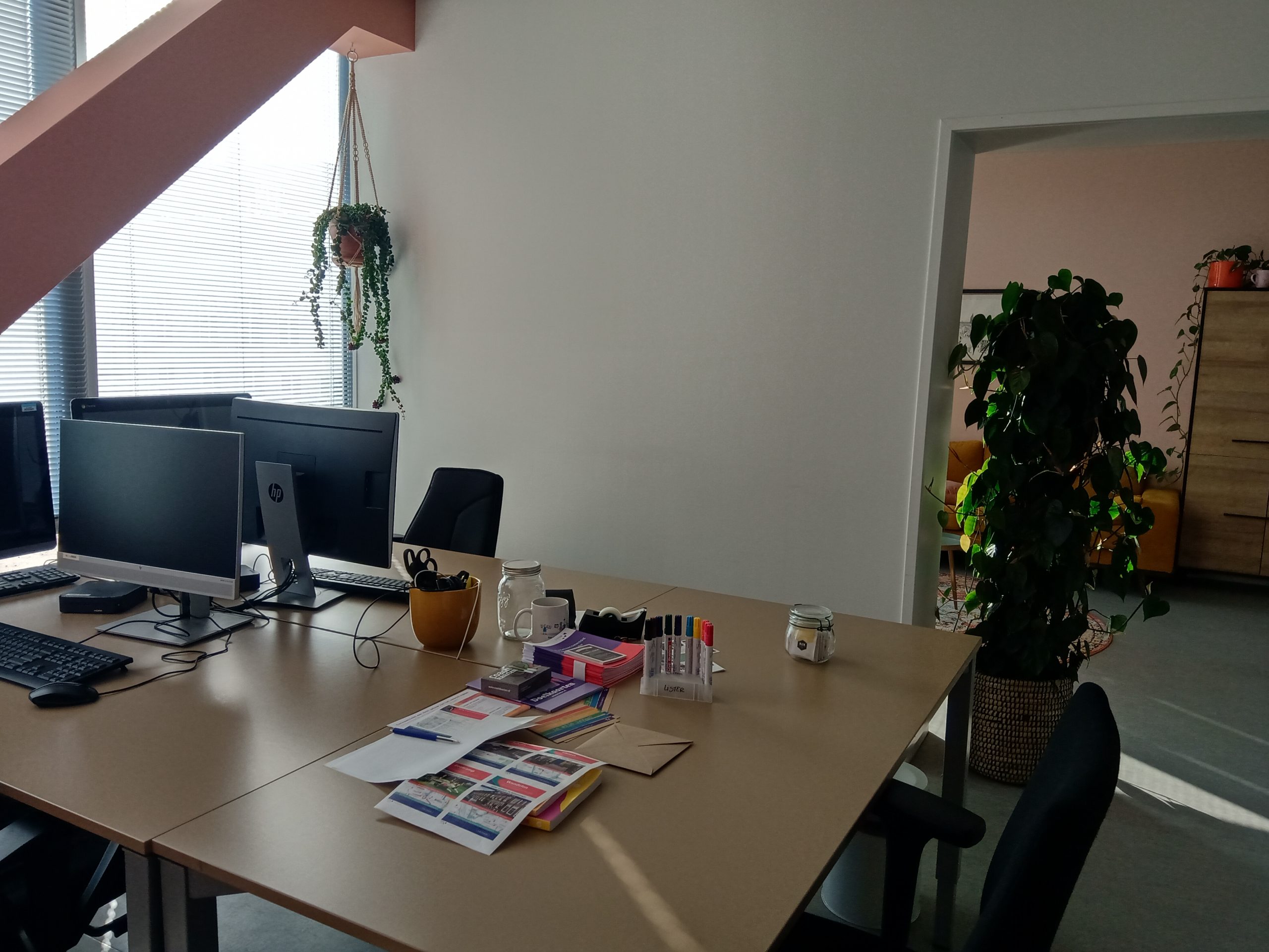 Kantoor met computers en planten