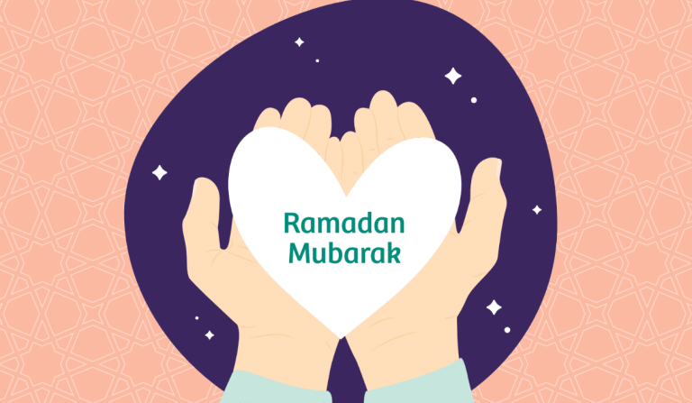 Illustratie van twee open handen. Daarop een wit hart met de tekst "Ramadan Mubarak".