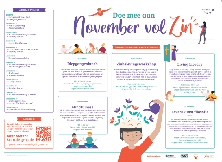 Poster met activiteiten die Lister en samenwerkingspartners organiseren in november 2024