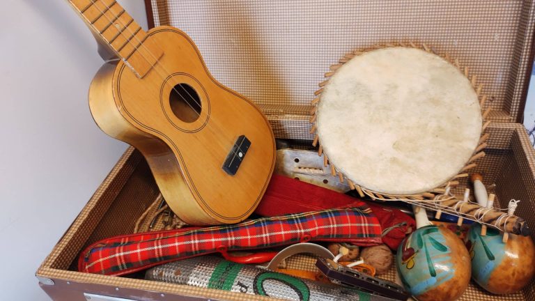Foto van verschillende muziekinstrumenten in een koffer.