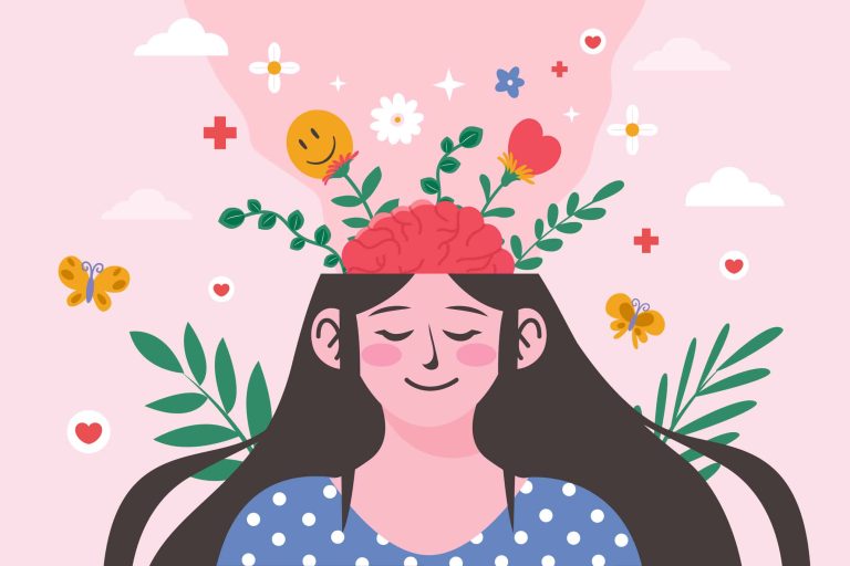Illustratie van de week van de mentale gezondheid. Afbeelding van een lachende vrouw waarbij de hersens zichtbaar zijn. Daaruit en omheen vrolijke groene takken, bloemen en vlinders.