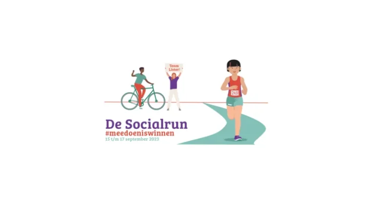 getekende poppetjes die rennen, fietsen en aanmoedigen tijdens de socialrun