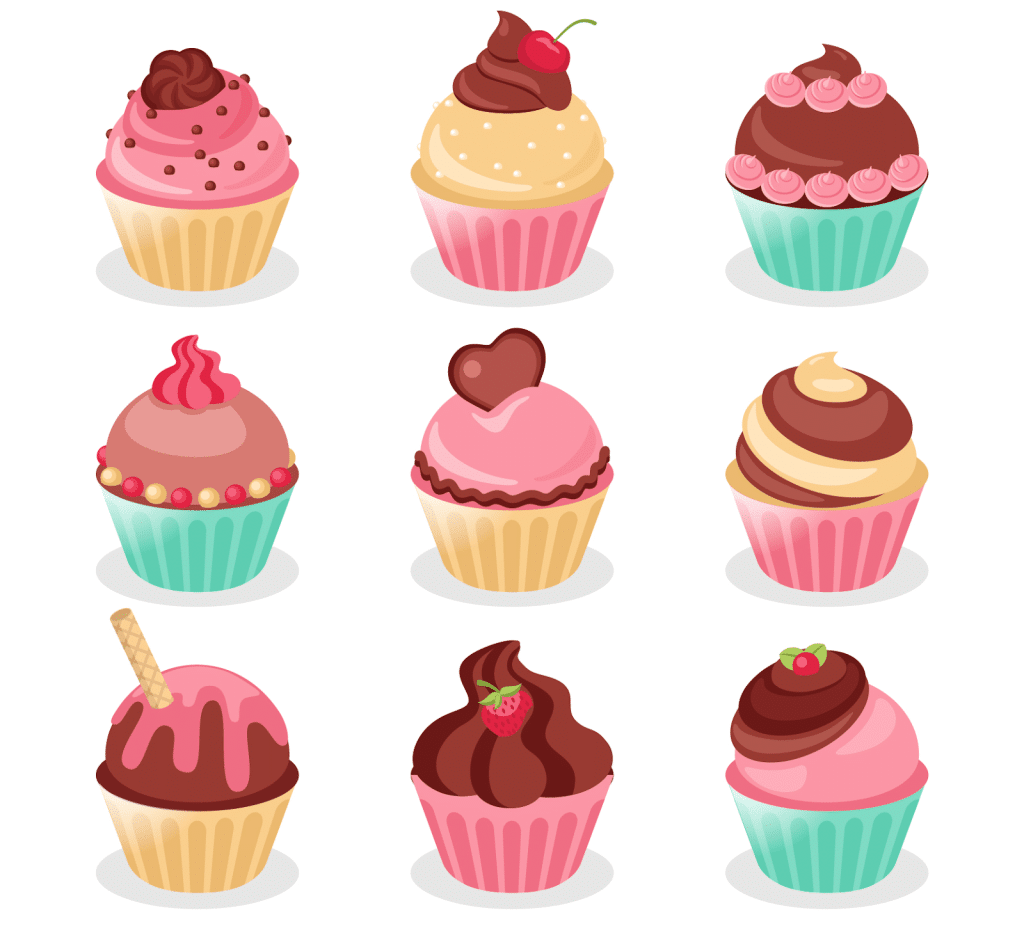 Tekening van 9 verschillende cupcakes
