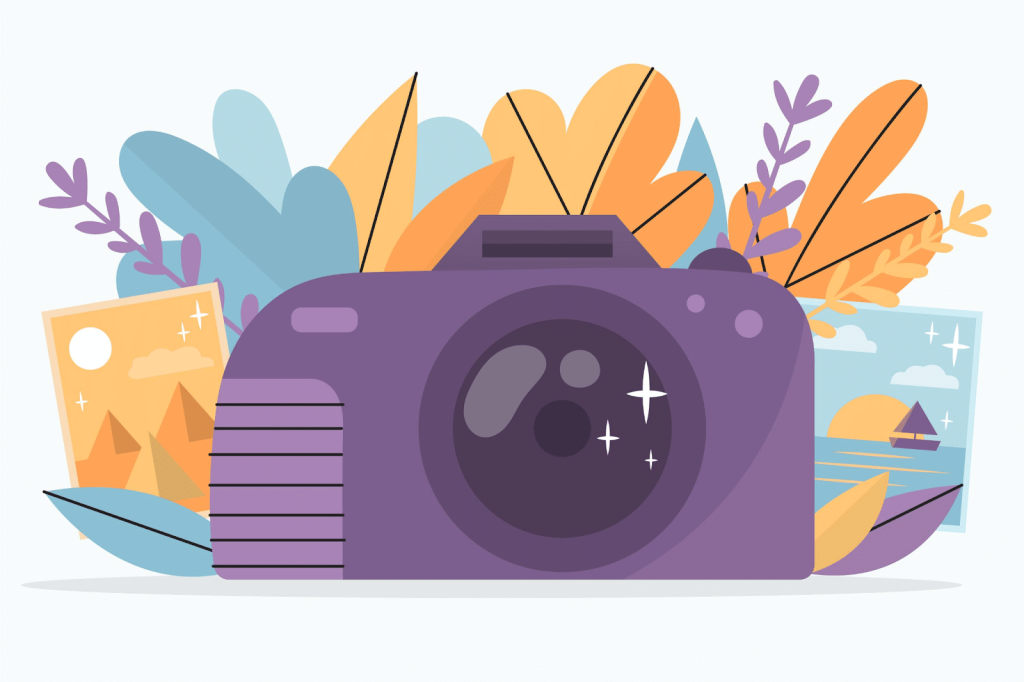 Tekening fotocamera voor herfstbladeren