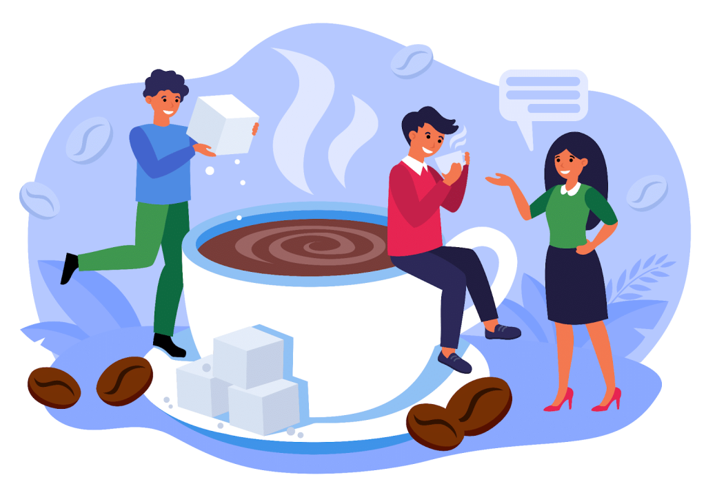 Tekening grote kop koffie met mensen eromheen