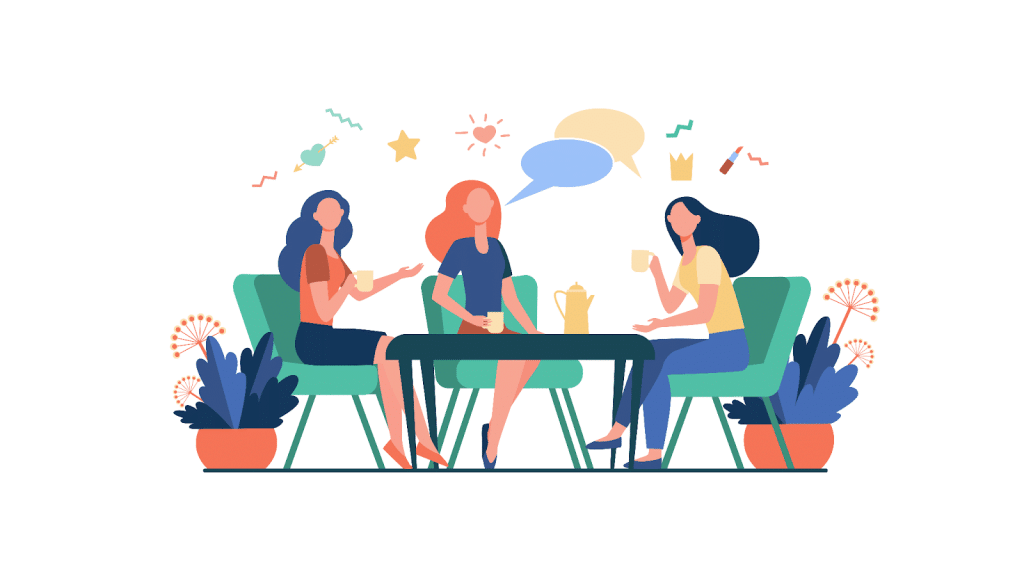 Tekening van tafel waar drie mensen aan zitten te kletsen