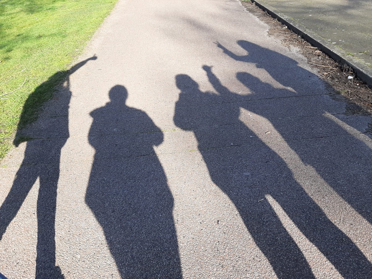 Foto van 5 schaduw silhouetten op een asfalt pad.